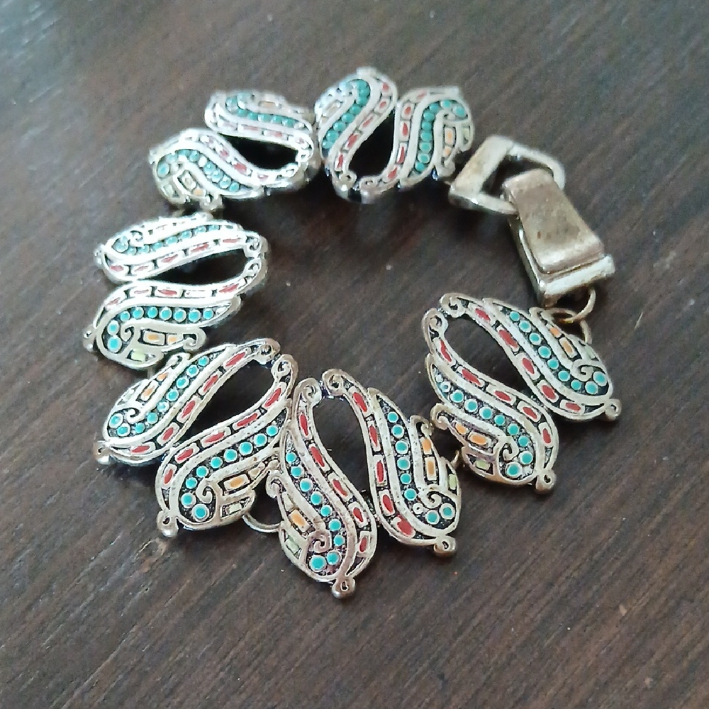 Elegant Multicolor Mosaic Indonesian Bracelet Red, Turq., Silver